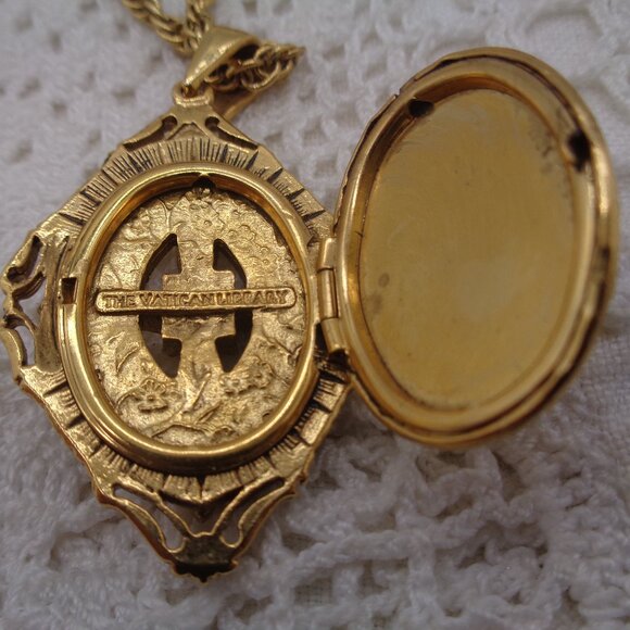 Vatican Library Enamel Cross Locket Pendant Necklace AB Rhinestones - Picture 6 of 7